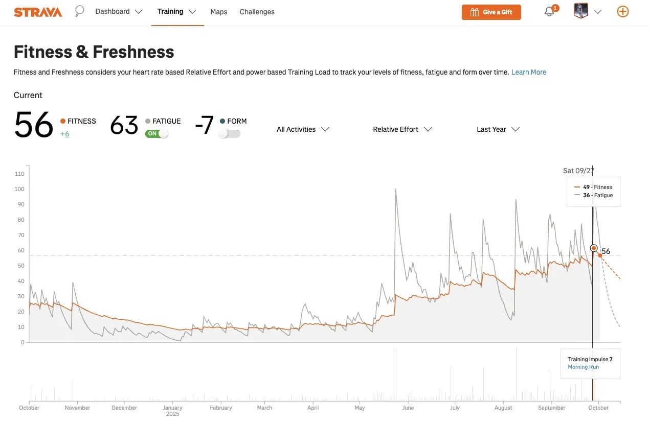 Intervals.icuのFitnessスコア画面