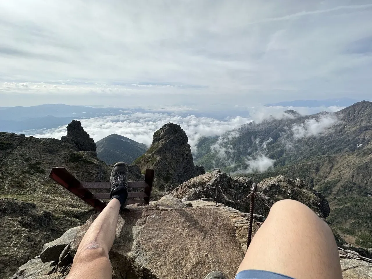 山頂から足を投げ出して眺める雲海と岩峰