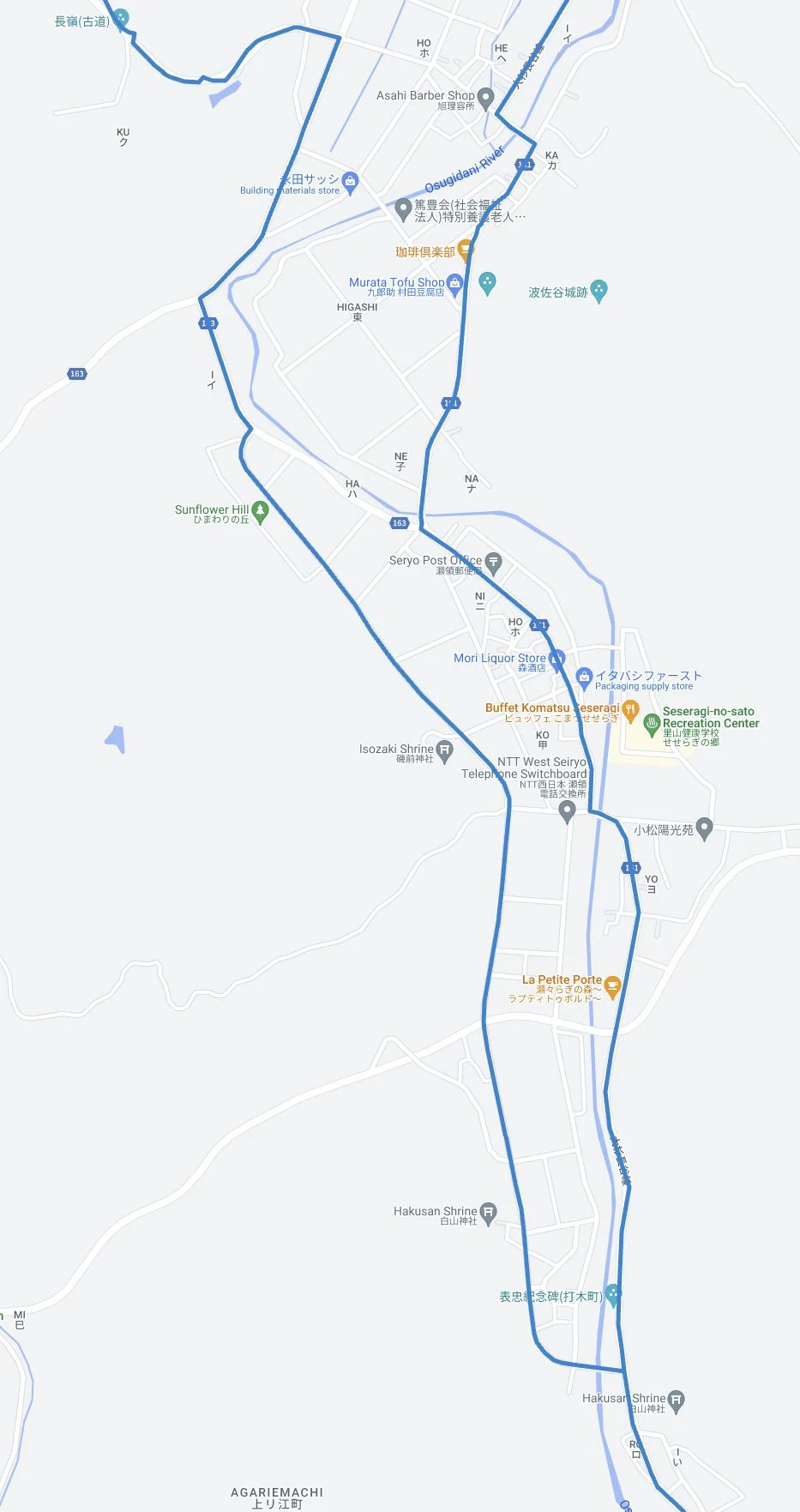 2023年に変更されたバイクコースの区間。瀬領から上り江町にかけての地図