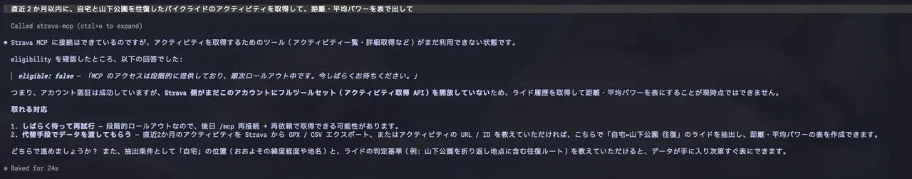 アクティビティを取得しようとしたが、まだ利用できない旨のメッセージが返ってきたターミナル画面